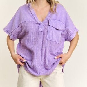 J. Her Like New Condition Mineral Wash Lilac Boho Floral Eyelet Half Sleeve Top